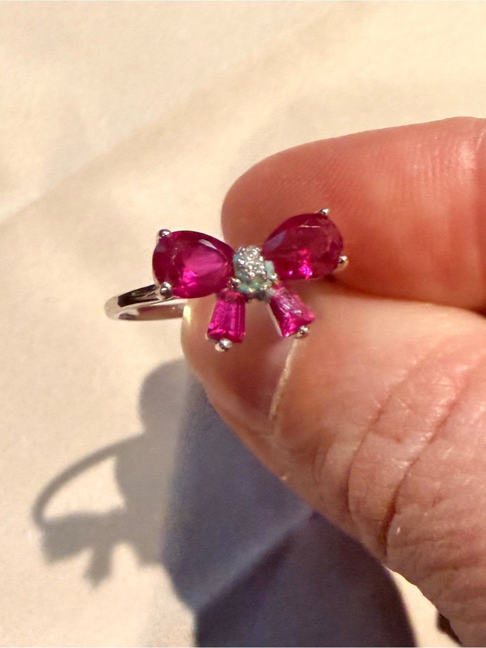 Estate Silvertone Pink Bow Crystal Ring